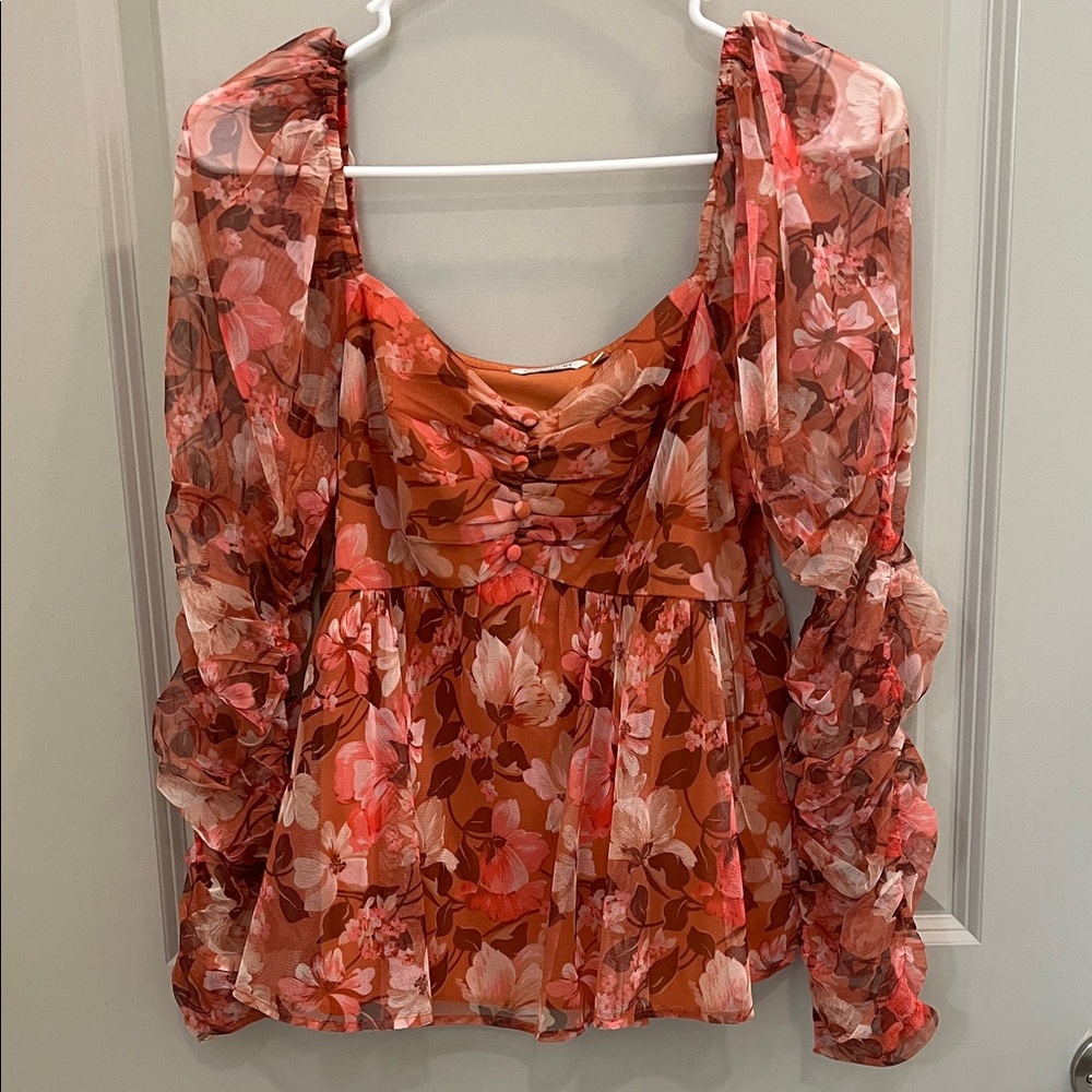 Chic Floral Chiffon Blouse - Orange and Pink